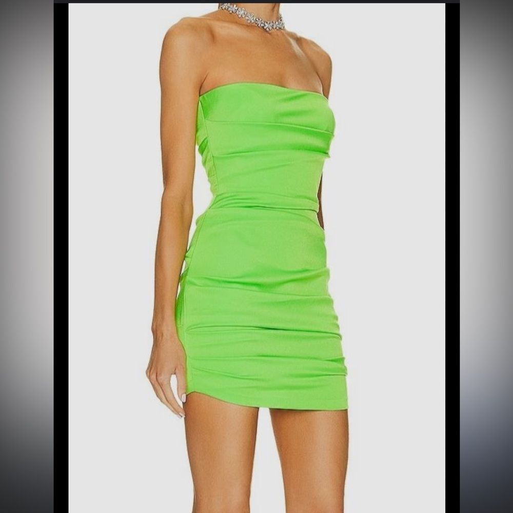 New Alex Perry Colten pleated strapless minidress lime green UK 10/ US 6